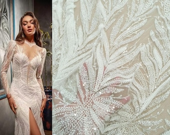 Tela de encaje con bordado floral de hojas y cuentas de lentejuelas de marfil, encaje de lujo para vestido de novia, tela de apliques de flores de tul de hojas cortada a medida