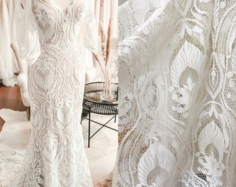 Guipure boho bridal lace fabric by yard, White Embroidered lace fabric, Wedding dress lace fabric, Cotton Venice Rayon Crochet lace fabric