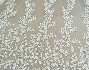 Boho Ivory Blumen-Blumenspitze-Gewebe mit Pailletten, Brautspitze Hochzeitskleid Material, Weiche Stickerei Blatt Blätter Appliaktion Großbestand