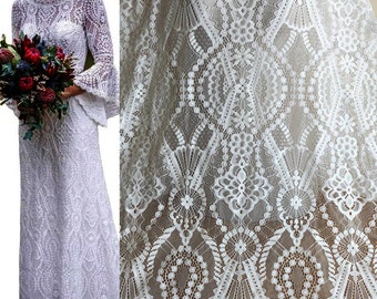 3 Yards White French Lace Fabric, Boho Bohemian Bridal Wedding Dress Material, Soft Eyelash Chantilly flower scalloped lace by the yard