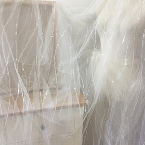 Soft Beaded Sequin Stripe Wave Tulle lace fabric, White ivory Overlay lace for Wedding Dress Veil, Bridal Embroidery lace fabric by the yard