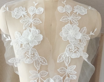 Pair of 3D White Ivory Embroidery flower mirrored beaded sequin Lace applique, lace Fabric Veil Wedding Dress Lace trim, Leaves lace Bodice