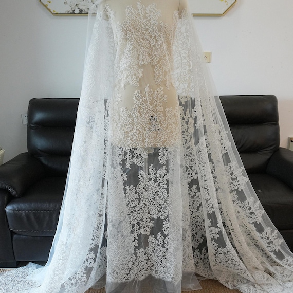 Alencon lace fabric, White ivory Wedding Dress Embroidery lace, Cord lace tulle bridal flower mesh Rayon floral fabric by the yard