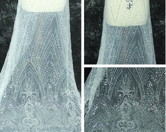 White Ivory heavy Sequin beaded Lace Fabric, Guipure lace Bridal Wedding Dress, Rayon Embroidery Tulle flower applique fabric by the yard