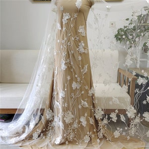 Soft White Lace Fabric with sequin, Floral Veil applique material, Bridal Wedding Dress, Rayon Embroidery flower lace by the yard