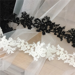 5 Yards White Alencon Beaded Sequin Lace Trim , Bridal Veil Flower Lace, Scalloped Wedding Dress Corded Lace , Black Evening Gown Straps