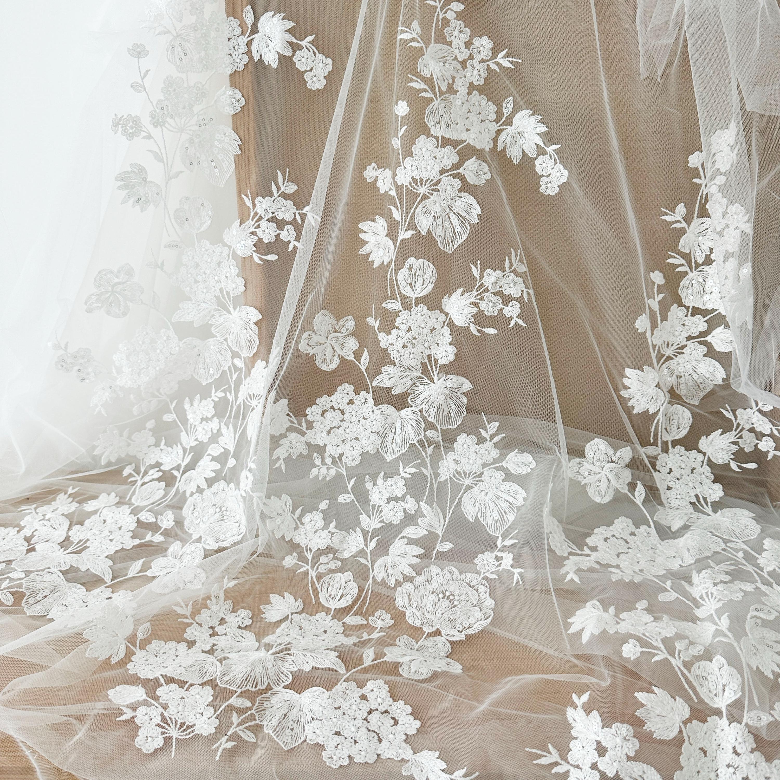 Cotton Soft White Ivory Flower Sequin Lace Fabric, Bridal Wedding Dress Veil Applique Patch, Tulle Rose Embroidery floral lace by the yard