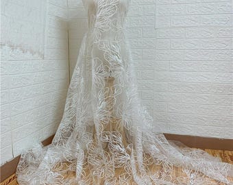 White Ivory Lace Fabric with sequin, Leaf lace material, Bridal Wedding Dress, lace Applique Embroidery Tulle Leaves flower lace by the yard