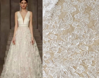 Tecido de renda de folha de marfim com lantejoulas, apliques de véu, vestido de noiva, bordado de malha de algodão, renda floral por metro