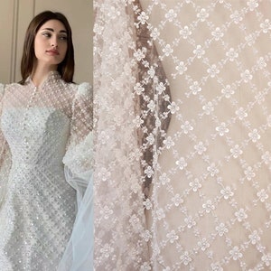 White Ivory heavy Sequin beaded Lattice Lace Fabric, Bridal Wedding Dress, Color Embroidery Tulle flower applique Grid fabric by the yard
