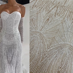 Luxury White Sequin beaded Lace Fabric, Beading lace Bridal Wedding Dress, Stripe Geometric Embroidery Tulle applique fabric by the yard
