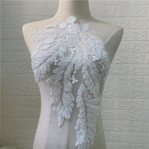3D Elfenbein Weiß Stickerei Blätter Blumen Spitzenstoff, Perlen Pailletten Applikation Material Stück, Hochzeitskleid Tüll Spitzenbesatz, DIY Mesh Mieder