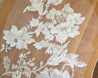 Ivory Embroidery Flower Lace Applique, Sequin Cotton lace material piece, Wedding Dress Lace Bodice, Bridal Veil lace applique Fabric