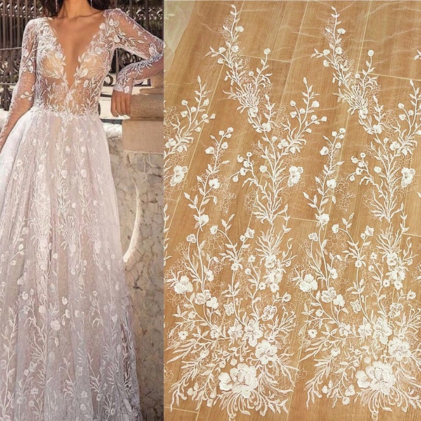 3D Embroidery Flower Lace Fabric, Bridal Ivory White Wedding Dress Lace Applique, Floral Venice Mesh Tulle Veil Sequin Lace by the yards
