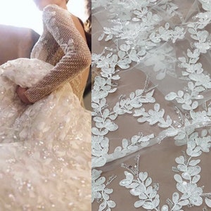 3D Flower Leaves beaded Sequin Lace Fabric, Bridal Floral Lace Veil material, Bride Wedding Dress , Embroidery Tulle fabric by the yard