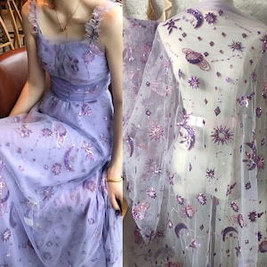 Star celestial Embroidery Fabric, Soft Purple Tulle, Bridal Prom Evening Dress, Sequin Beaded lace, DIY Material Fabric by the Yard
