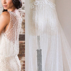 Tela de encaje de marfil blanco, material de encaje Gatsby Guipure, vestido de novia, encaje de flores de tul bordado recto a rayas con lentejuelas con cuentas