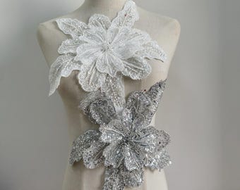 3D Flower Lace Fabric, White Silver Embroidery Beaded Sequin rhinestone applique piece, Bodice patch for Wedding Costume Dance Evening Dress