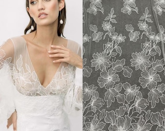 Tecido de renda com lantejoulas e bordado floral, aplique de renda para vestido de noiva boho branco marfim, renda floral para véu de tule de rayon com folhas, vendido por metro.