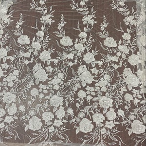 3D Embroidery Flower Lace Fabric, Bridal Ivory White Wedding Dress Lace Applique, Floral Venice Mesh Tulle Veil Sequin Lace by the yards image 6