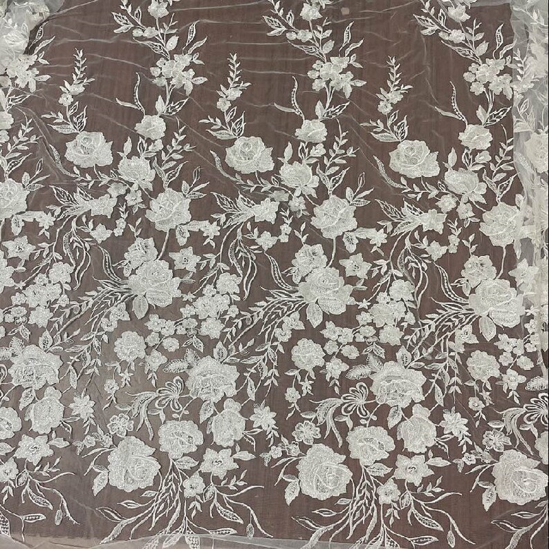 3D Embroidery Flower Lace Fabric, Bridal Ivory White Wedding Dress Lace Applique, Floral Venice Mesh Tulle Veil Sequin Lace by the yards image 6