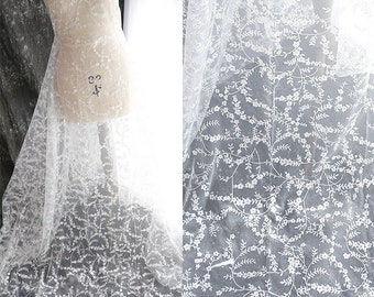 Tecido de flor de renda brilhante, tule de lantejoulas branco marfim macio, vestido de noiva, renda brilhante brilhante, renda de aplique de véu pela jarda