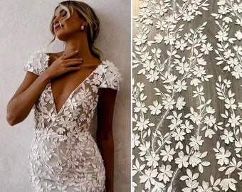 3D Ivory Flower lace fabric, Leave Leaf Floral Lace for Bride Wedding Dress, Soft Embroidery Tulle Veil applique lace by the yard