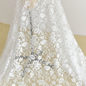 Cotton White Embroidery Flower Lace Fabric, Floral Guipure Lace for Boho Bridal Wedding Dress, Soft Tulle lace by the yard