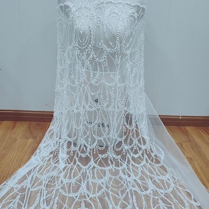 White Sequin Pearl beaded Lace Fabric, Scalloped Flower lace for Bridal Wedding Dress,Embroidery Tulle floral applique fabric by the yard