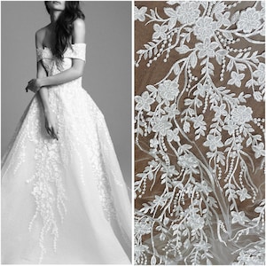 Tkanina koronkowa w kolorze kości słoniowej, aplikacja z koronki na welon, suknia ślubna, haft z siateczki wiskozowej z kwiatowym haftem, cięta na wymiar