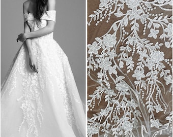Tecido de renda flor branca marfim, material de aplique de renda de véu, vestido de noiva, renda floral bordada de malha de rayon pela jarda