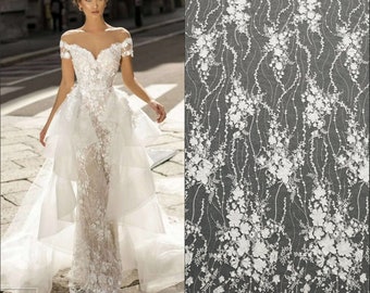 3D Embroidery Flower Lace Fabric, Ivory White Beaded Pearl Wedding Dress Lace Fabric, Floral Venice Tulle Lace Fabric for Bridal Gown