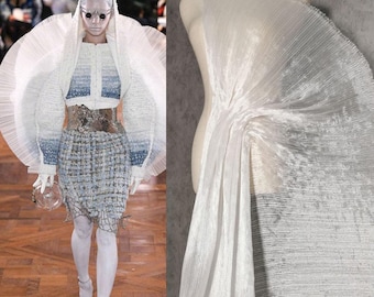 Hard White Ivory Pleated Tulle Fabric, supply material, Wedding Dress Fashion DIY Pleats panel fabric designer skirt cloth by the yard