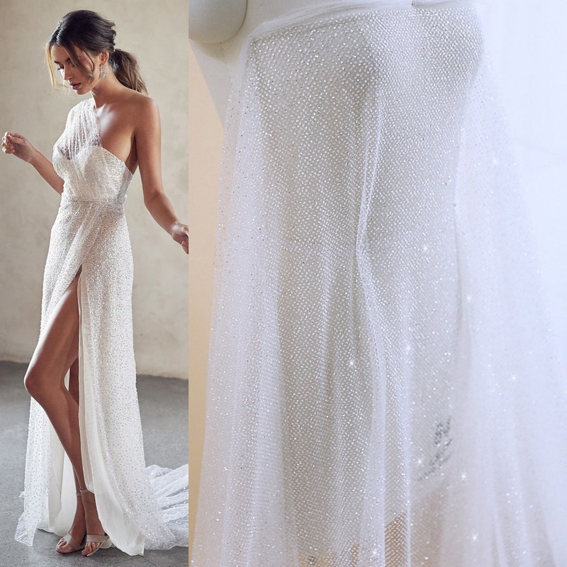 One-Shoulder Glitter Tulle Gown with Lace-Up Back Stormy