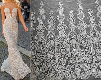 Tecido de renda com apliques de marfim branco, material de renda guipura, vestido de noiva, malha de algodão bordado renda de flor de tule Alencon com lantejoulas