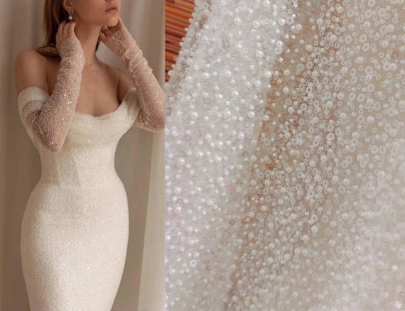 Ivory Sequin Beaded Tulle Material Ivory Sequin Beaded Tulle Material