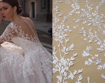 Tessuto in pizzo floreale con ricamo avorio Boho, materiale in pizzo per abito da sposa, morbido tulle, rayon, rete, pizzo floreale tagliato su misura