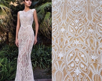 White Ivory Lace Fabric, Guipure lace material, Wedding Dress Evening Gown, Cotton Embroidery Alencon Tulle flower lace with beaded sequin