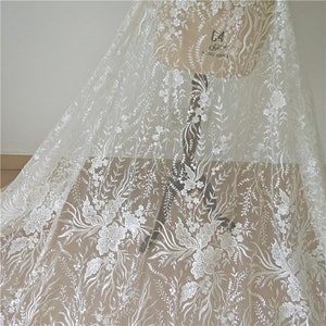Ivory Embroidery Flower Lace Fabric, Bridal White Wedding Dress Lace Applique, Floral Rayon Venice Mesh Tulle Veil Sequin Lace by the yard