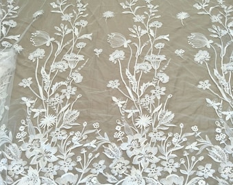 Boho Bohemian White Ivory Flower leaf Lace Fabric with Sequin, Bridal Lace material, Wedding Dress Gown, Soft Embroidery lace by the yard