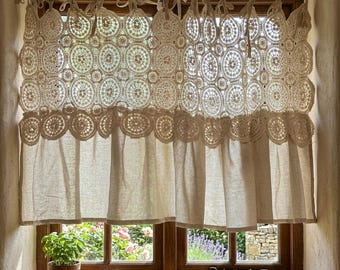 Shabby Crochet Lace Curtains, Cream Linen Window Panel, Cottagecore Curtains for Home Room Bedroom Kitchen Cafe Wedding Backdrop Decor