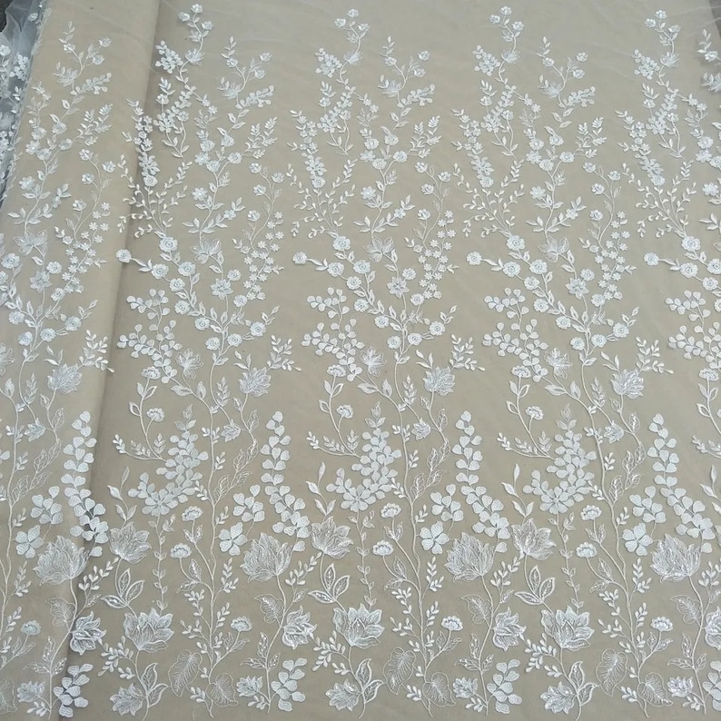 Boho Ivory Embroidery floral Lace Fabric Bridal sequin Lace material Wedding Dress Soft Tulle Rayon Mesh leaves flower lace by the yard image 10