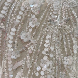 White Ivory Heavy Sequin Beaded Lace Fabric, Beading Lace Bridal ...