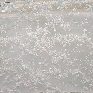 Ivory heavy Sequin Pearl beaded Lace Fabric, Flower lace for Bridal Wedding Dress, Embroidery Tulle floral applique fabric by the yard image 7