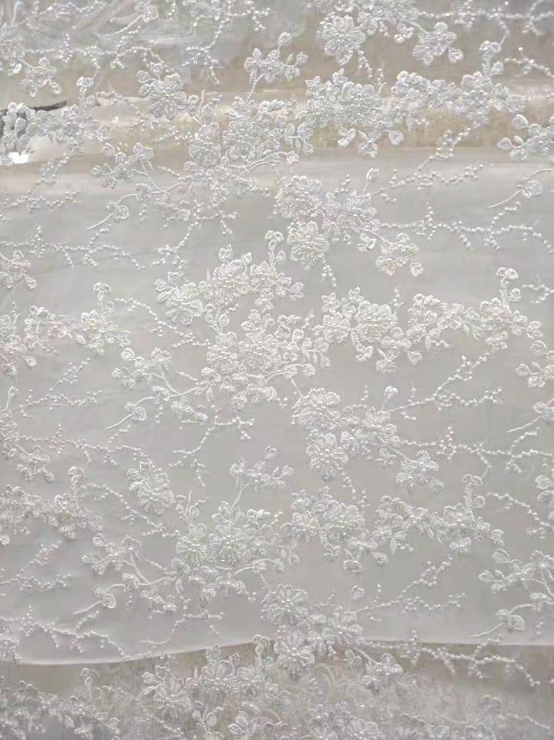 Ivory heavy Sequin Pearl beaded Lace Fabric, Flower lace for Bridal Wedding Dress, Embroidery Tulle floral applique fabric by the yard image 7