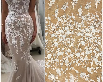 Tessuto pizzo avorio bianco, materiale pizzo floreale, abito da sposa da sposa, mesh rayon cotone ricamo Tulle foglie pizzo fiore tagliato a misura