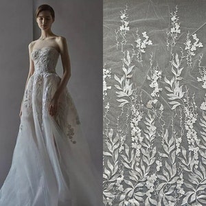 3D White Ivory floral Lace Fabric, Guipure lace material, Bridal Wedding Dress, leaves Embroidery Tulle flower sequin lace by the yard