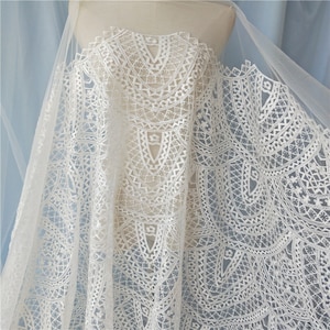Scalloped lace fabric, White ivory Bridal Wedding Dress Embroidery lace, Vintage Applique tulle bridal flower lace fabric by the yard