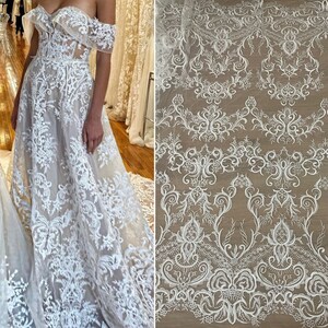 White Embroidery Flower Lace Fabric, Sequin Lace for Bridal Wedding Dress Applique, Scalloped Floral Venice Tulle Lace by the yard