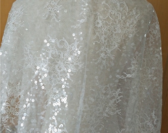 French Chantilly Lace Fabric with sequin, Bridal Wedding Bridesmaid Dress Veil flower Lace, Ivory White Embroidery Floral lace by the yard
